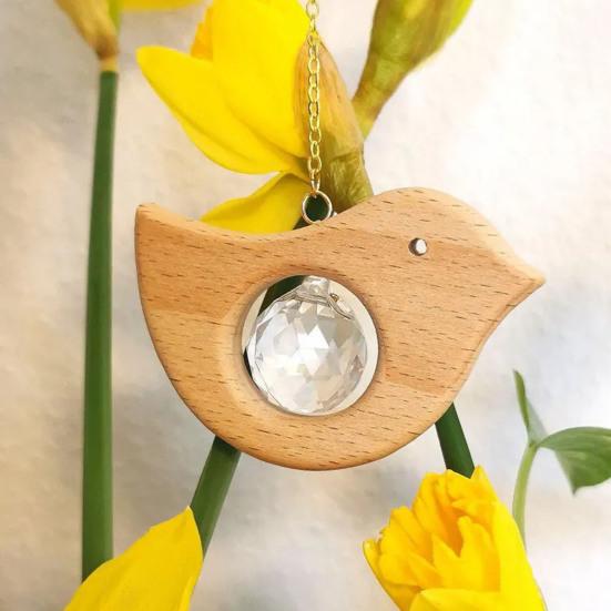Wooden Bird Suncatcher Hanging Decoration Indoor Outdoor Garden Rainbow Maker Bird Ornament with Faux Crystal Ball