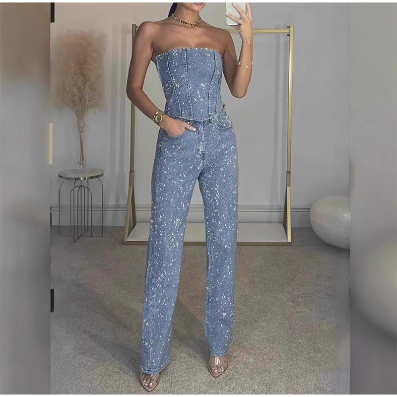 2025 Sexy Off-The-Shoulder Sparkling Vest Diamond Decorated Straight Leg Pants Suit Two-Piece Set Women's Spring Fashion Party Suits
