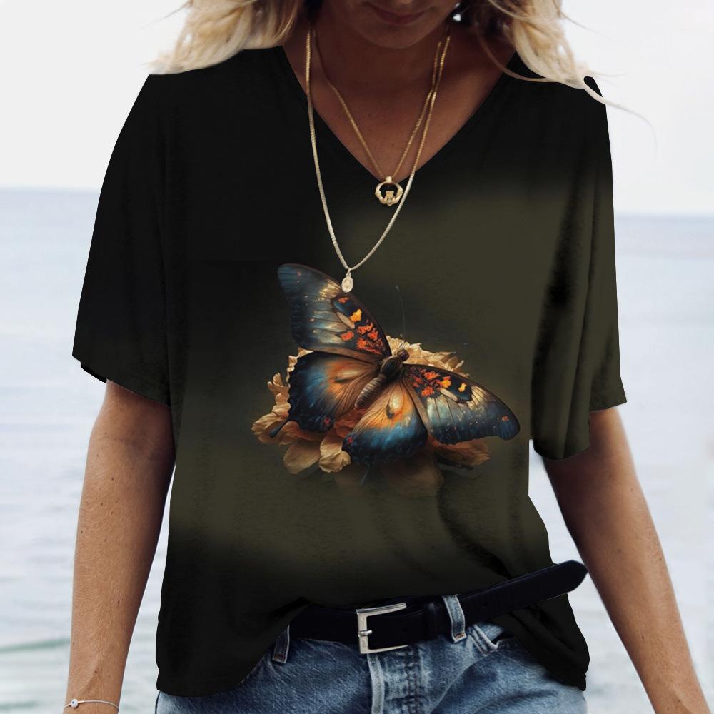 Женские топы с 3D принтом кошки и коротким рукавом с v-образным вырезом, летняя футболка для влюбленных, милая женская одежда