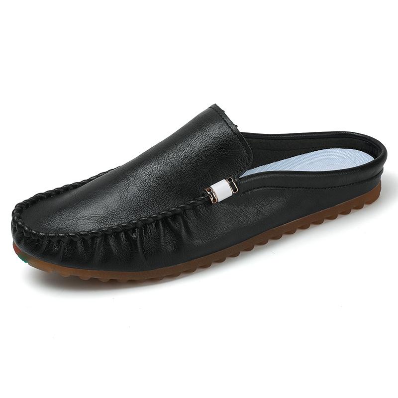 Leather Half Shoes for Men Backless Loafers Slippers Mules Men Casual Shoes Outdoor Man Slides Men's Flats Non-slip Lazy Shoes