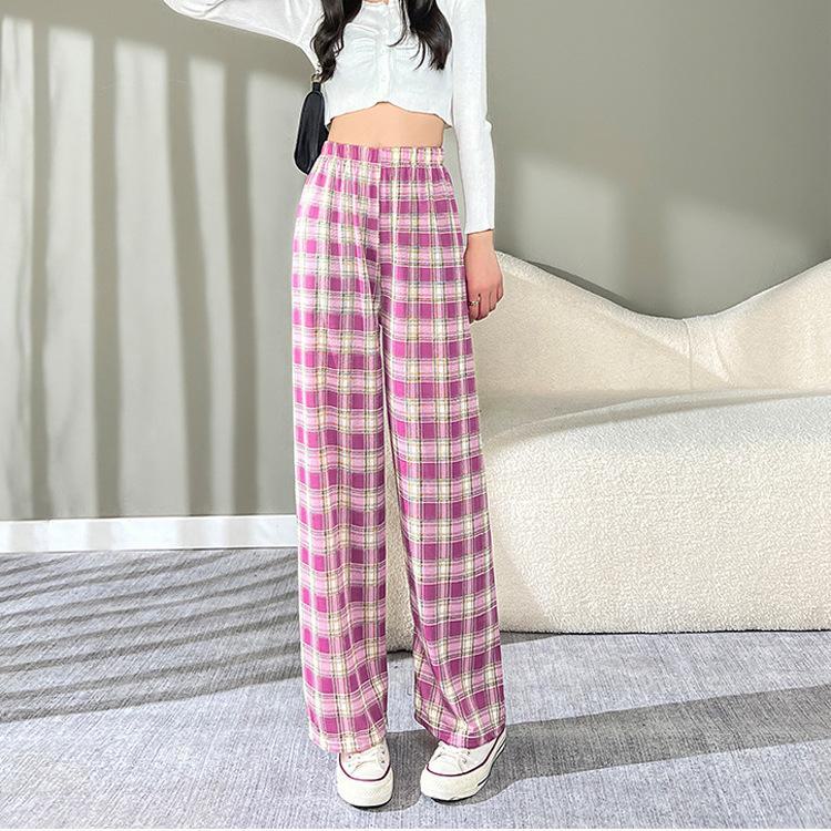 Женские повседневные брюки с высокой талией из утолщенного бархата в клетку с широкими штанинами