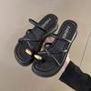 Wedge Heel Slippers Women's Summer Wear 2025 New Black Pinch Cover Toe Strap Sandals Heightened Thick-soled Cool Slippers