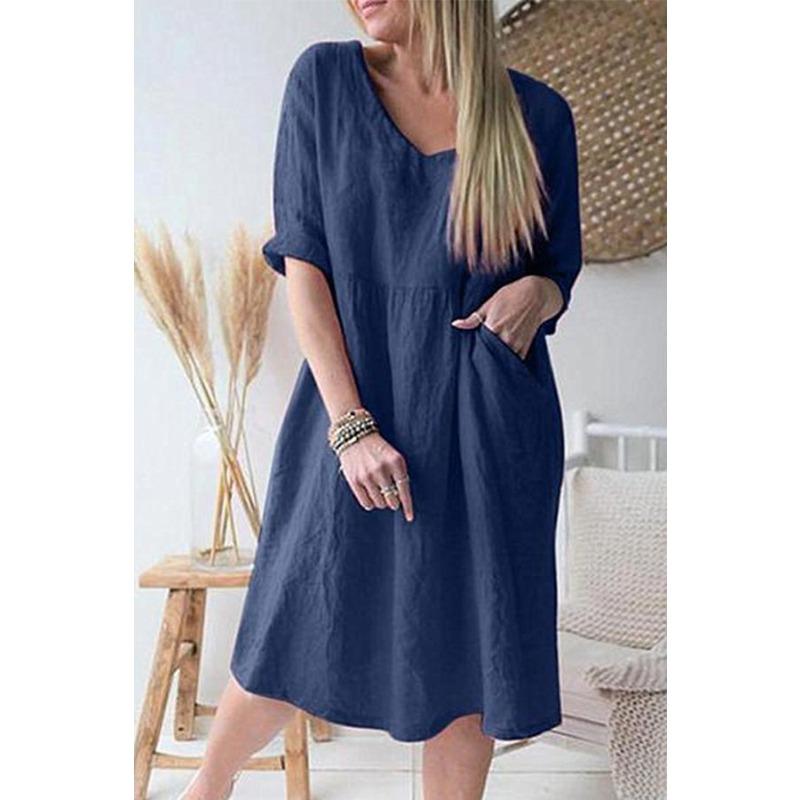 GMXIA Летнее платье средней длины с рукавами 3/4 и V-образным вырезом