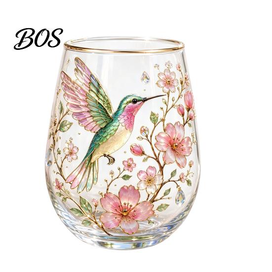 Glass Wine Glasses Hummingbird Morning Cup, Whiskey Tumbler Glass, Heat Resistant Scratch Glassware Floral Design for Home Bar Holiday Party