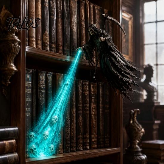 Таинственный домашний орнамент Жнец Книжная полка Уголок Свет, Летающая лампа, Жуткие Готические Хэллоуинские принадлежности Светодиодный свет для дома, Настольный,