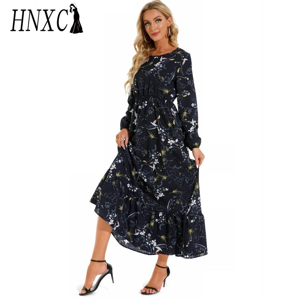 HNXC Весна Лето Богемный Женское Макси Платье Повседневный Длинный Рукав Высокая Талия Пляжное Платье Женские Цветочные Шифоновые Платья Vestidoes Mujer Новинка