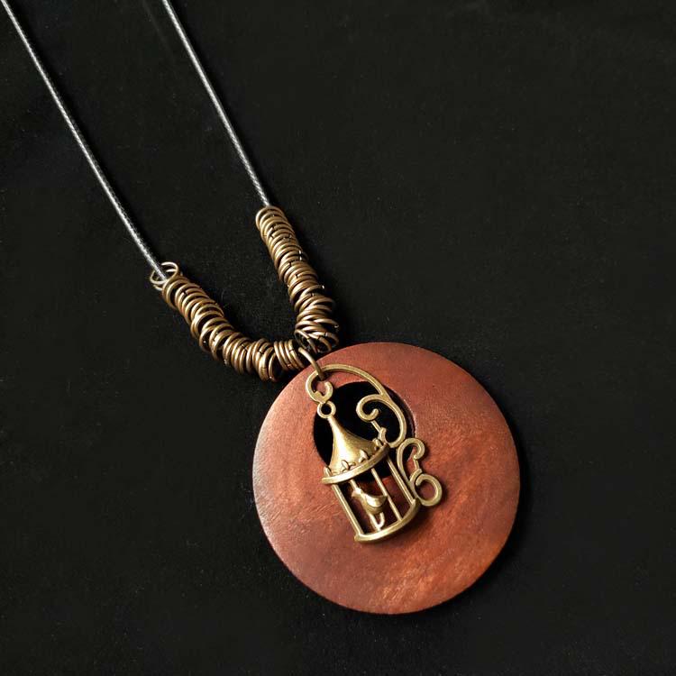 Женское ожерелье из хлопка и льна в этническом стиле из дерева в стиле ретро с кулоном в виде листа из сплава