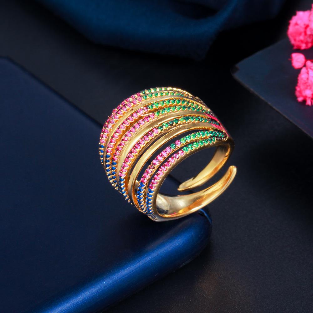 Sparkling Diamond Micro-Inlaid Colored Zircon Women'S Ring, Electroplated Real Gold Ring, Customized Jewelry With Pictures And Samples.