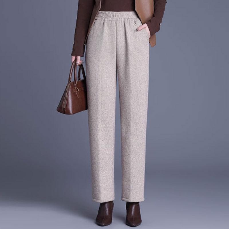 Women's Fleece-Lined Elastic Waist High-Waist Loose Straight-Leg Pants for Spring and Autumn