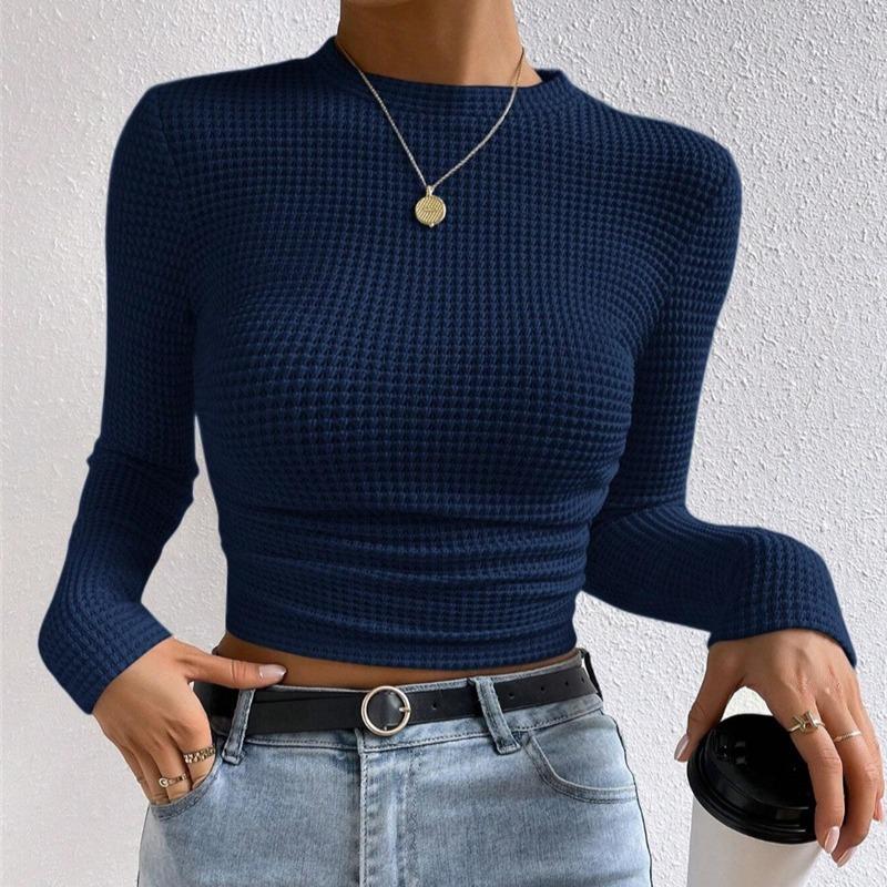 Модная тонкая футболка с круглым вырезом и длинным рукавом, элегантная однотонная трикотажная повседневная футболка для женщин, простая базовая женская укороченная футболка-пуловер 26148