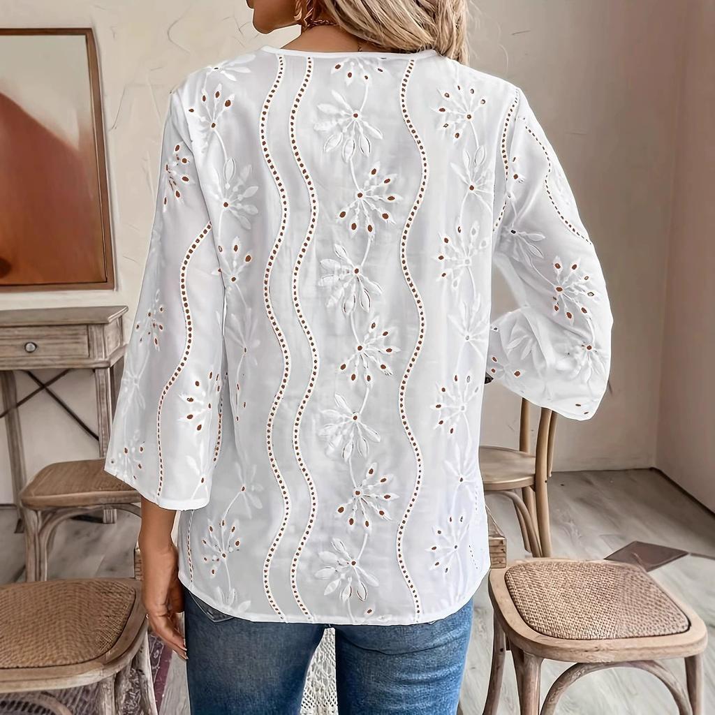Spring and Autumn New Loose V-neck Embroidered Flared Sleeve Lace Top Chiffon Shirt