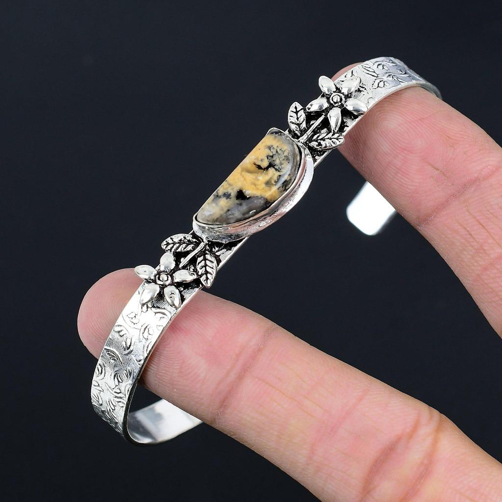 Sterling Silver Trillion Dendrite Tiger Gemstone Sister Flower Birthday Bangle