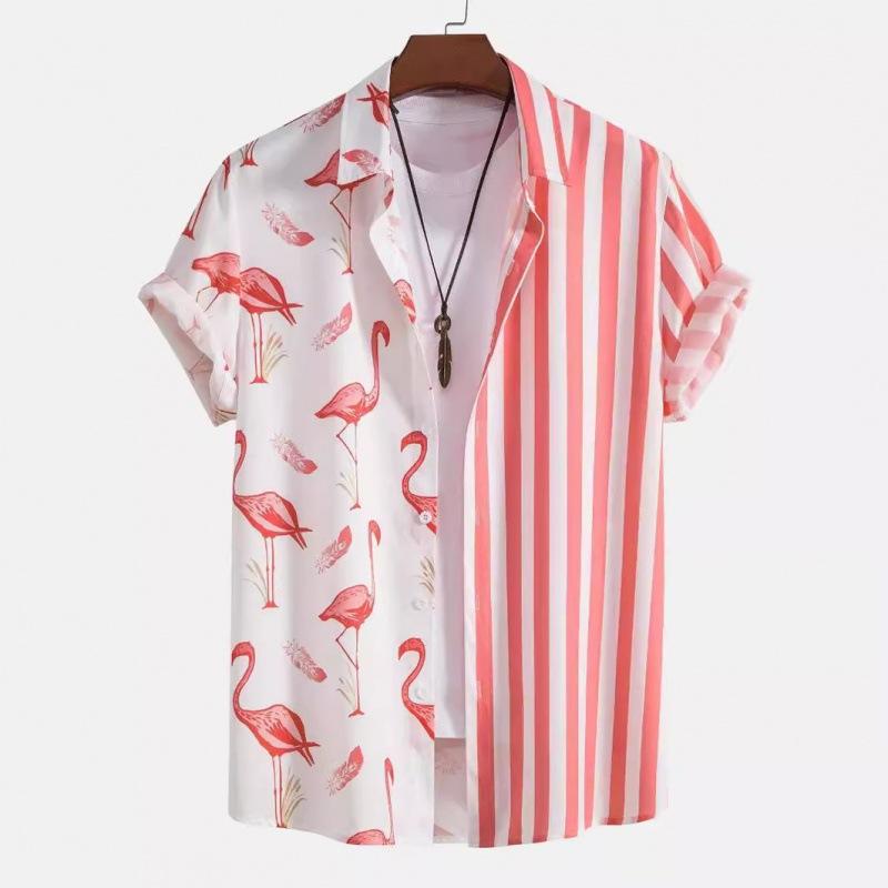 European, American Hawaiian Flamingo Stripe 1D Digital Printing Men's Short Sleeve Shirt TEMU Hot Sale