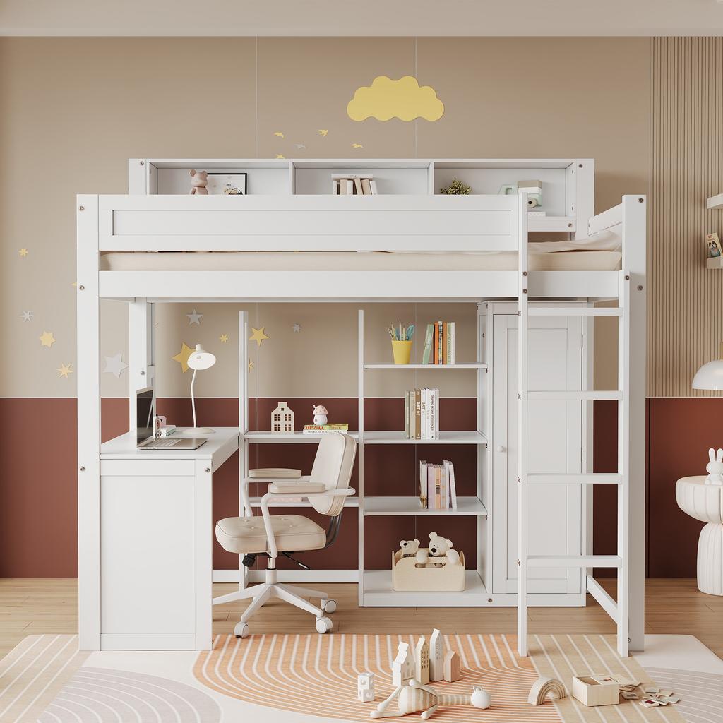 Bunk Bed with Desk and Wardrobe, Children's Bed, Fall Protection Rail, with Shelves and Four-Step Ladder, Storage, Pine+MDF+Plywood, White, 90x200cm