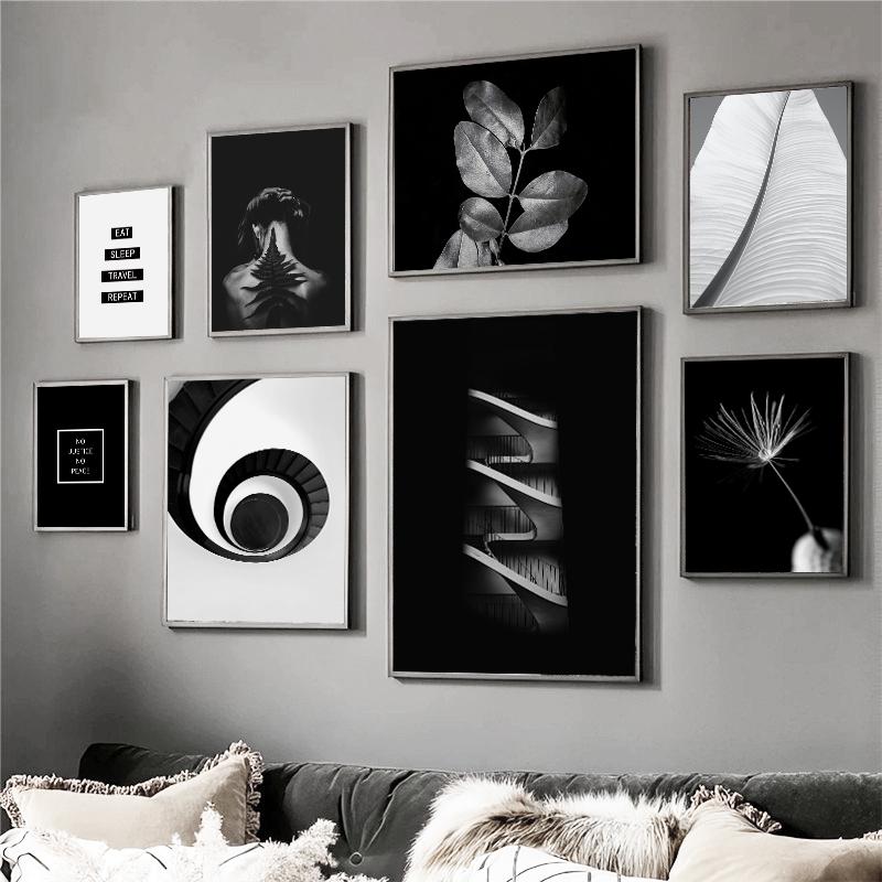 Черно-белые растения, листья, текстура, настенный художественный постер, современная женщина, лестница, цитаты, картина, печать на холсте, картина, украшение для гостиной