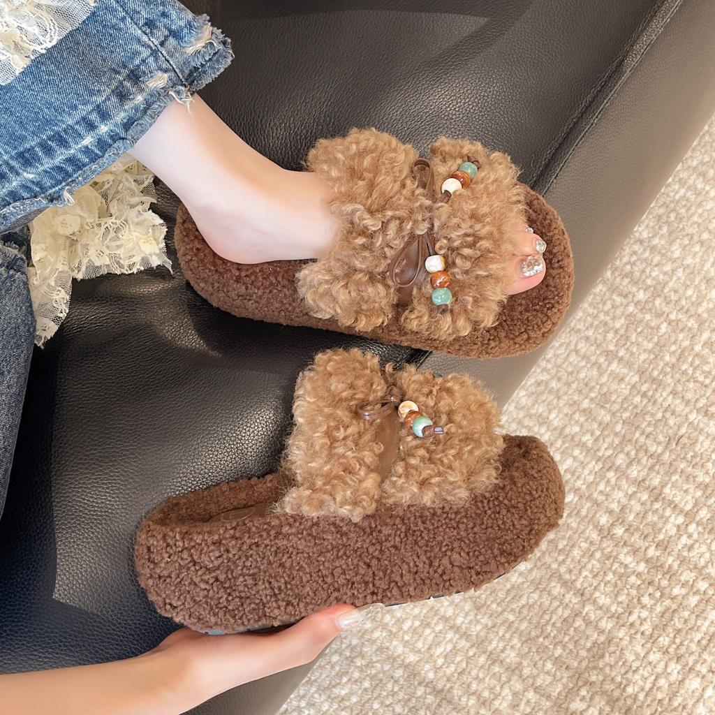 Retro Thick-soled Height-increasing Fluffy Slippers for Women's Outer Wear 2025 New Autumn and Winter Super-hot Fluffy Explosive Cotton Slippers