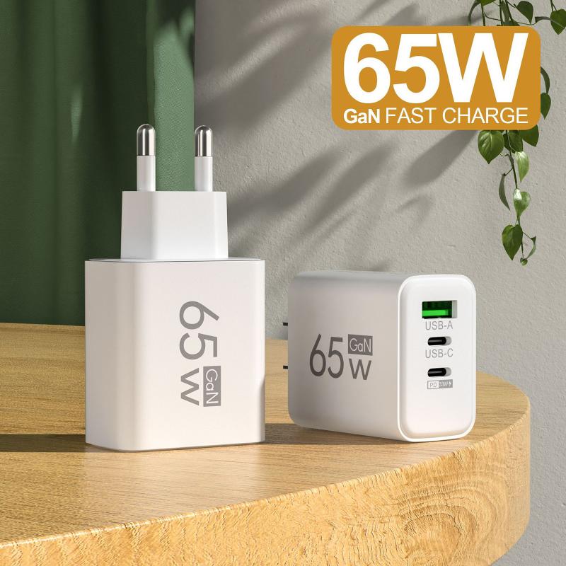 65W GaN Travel Charger EU Plug Dual USB C + USB A Port Fast Charging Wall Adapter Compact Charger for Phone Laptop Tablet