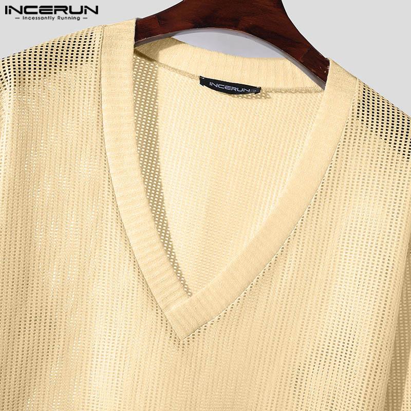 INCERUN Мужские повседневные топы с длинным рукавом и вырезом, прозрачные пуловеры
