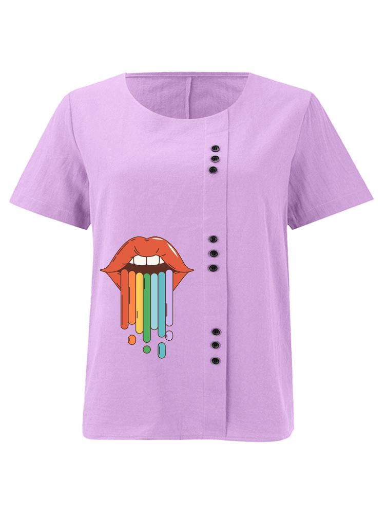Women's Fashion Lips Rainbow Print Round Neck Short Sleeve T-shirt Summer Casual Cotton Linen Graphic Shirt Leisure Loose Blouse Tops