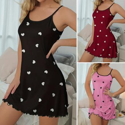 Женская летняя ночная рубашка с принтом в виде сердца, присборенная кромка, без рукавов, открытая спина, тонкие бретельки, А-силуэта, мини-платье для сна, тонкая ночная рубашка выше колена