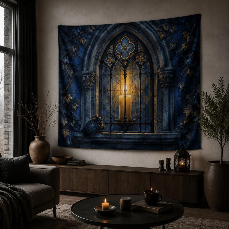 Vintage Castle Window Tapestry, Blue Vine Gothic Arch Window Wall Hanging, Halloween Bedroom Wall Decoration