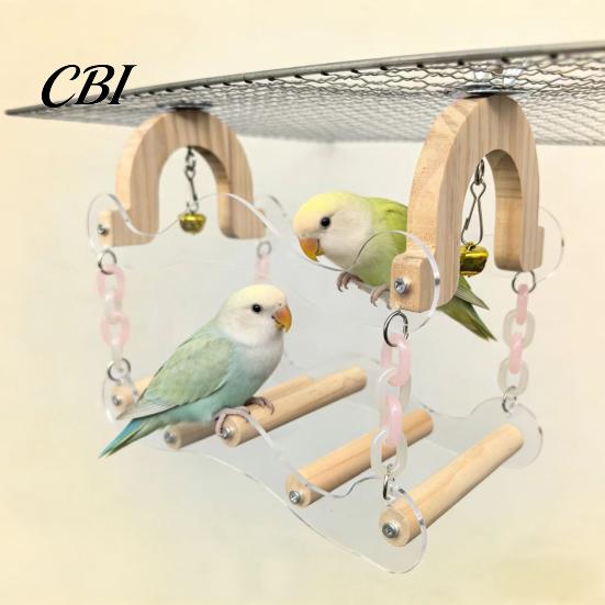 Parrot Swing Toy Toy, Bird Cage Perch, 5 Wooden Perch Poles, Acrylic Frame with Bells for Small Medium Parrots Budgies Cockatiels Foot