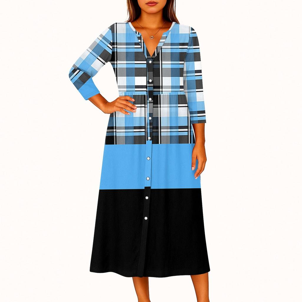 Женское модное платье-рубашка свободного кроя с принтом, круглым вырезом и рукавами семь четвертей на пуговицах