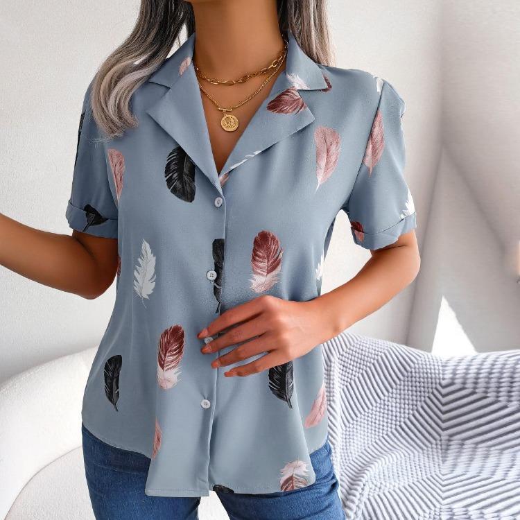 Women's Summer Casual Loose Feather Collar Short Sleeve Blouse Top All Match Shirt Suit
