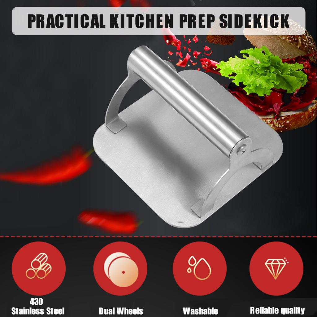 Пресс для гамбургеров с антипригарным покрытием и эргономичной ручкой. Пресс для гамбургеров из пищевой нержавеющей стали. Сосиска с беконом.