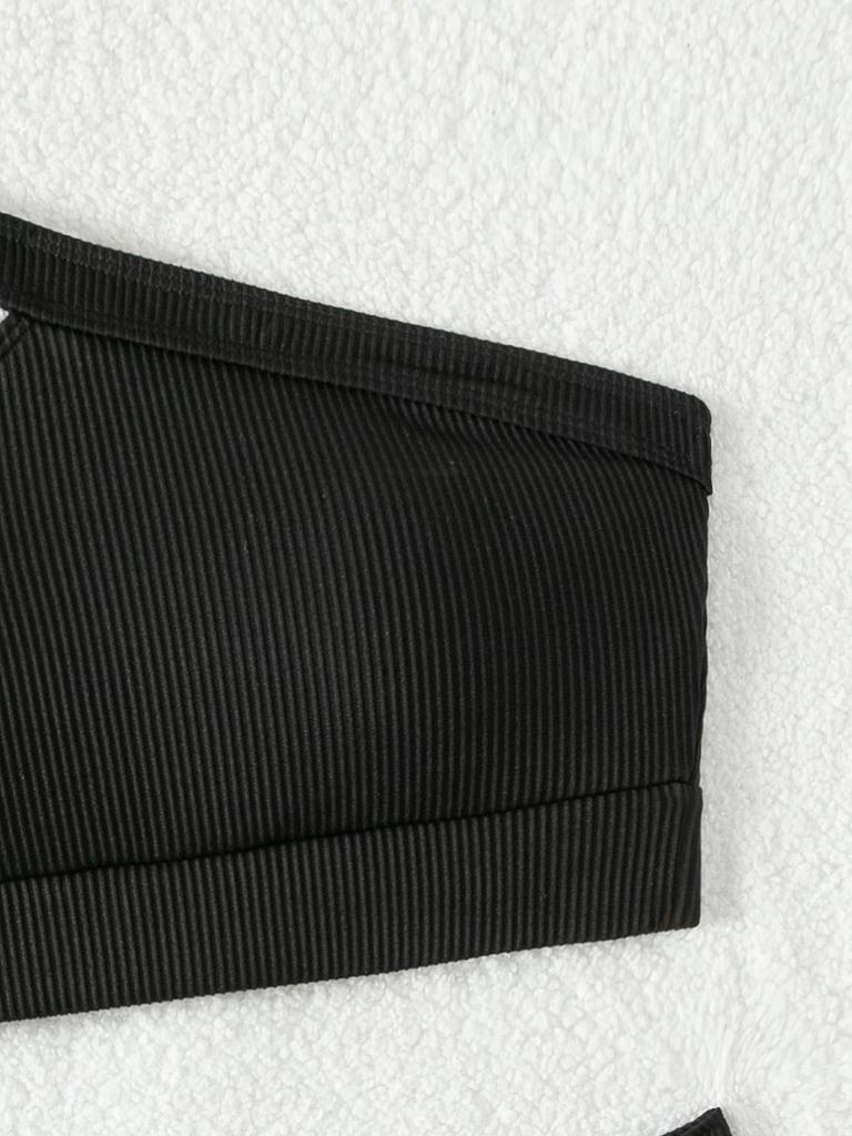 2024 Solid Color Ribbed One-Shoulder High-Waisted Bikini Swimwear