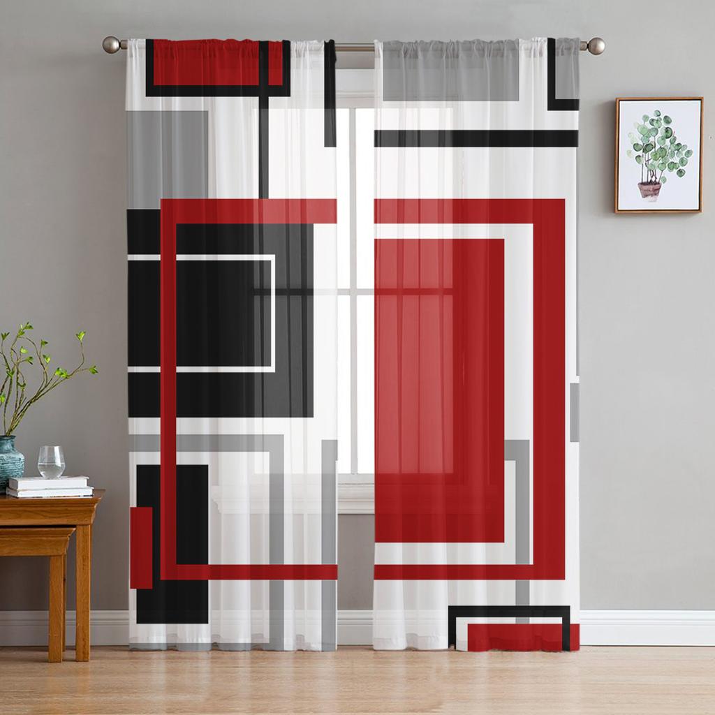 Abstract Geometric Squares Art Black Red Sheer Curtain Living Room Printed Tulle Window Curtain Luxury Home Balcony Decor Drapes