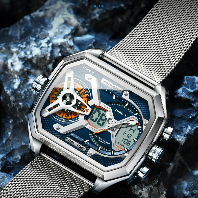 POEDAGAR Новые Роскошные Мужские Часы с Двойным Дисплеем, Дата, День Недели, Люминесцентные Светодиодные Мужские Часы, Сетчатый Ремешок, Электронные Спортивные Мужские Кварцевые Часы