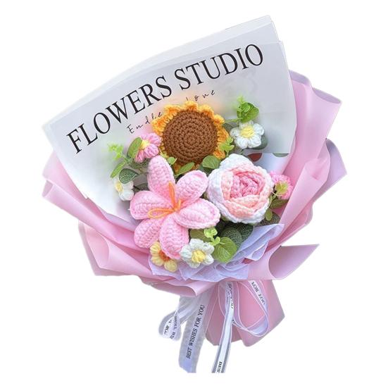 Crochet Flower Bouquet Handmade Knitted Cotton Thread Flowers Artificial Sunflower Wildflower Bouquet for Valentine's Day Anniversary Birthday