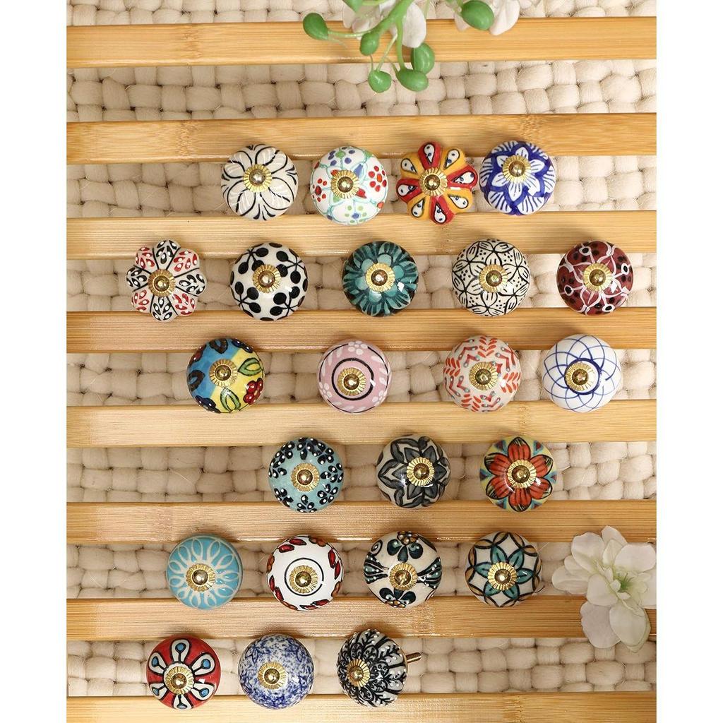Vintage Assorted Blue Pottery Drawer, Door Knobs and Pulls Handle for Kitchen Home Interior Decor (Multicolour, D-1.6 X H-2.5 Inches) - Pack of 10