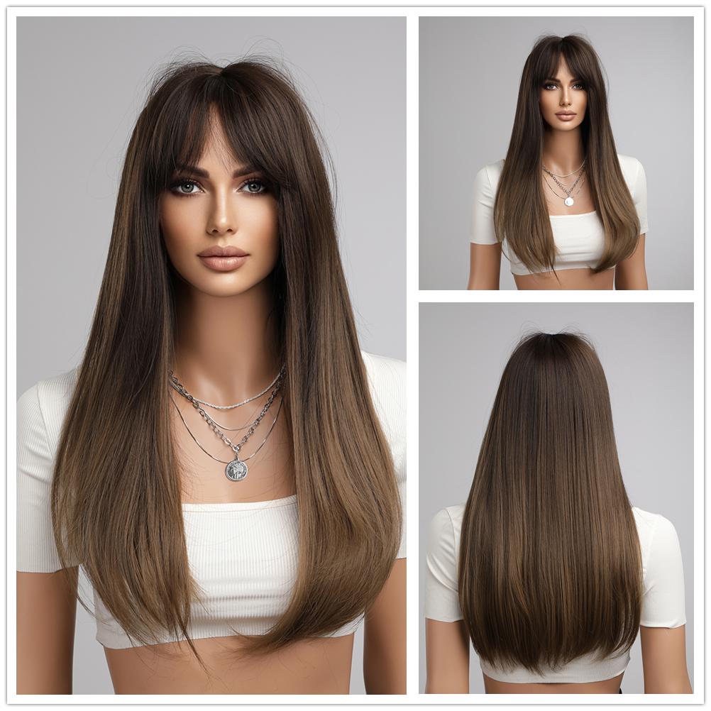 Inhaircube Коричневый и Блондовый Ombre Синтетические парики Длинные прямые реалистичные волосы Косплей Ежедневный парик с челкой для женщин