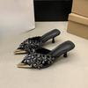 Fashion Pointed Toe Stiletto High Heel Baotou Half Drag Summer New Rhinestone Flower Fairy Wind Metal Head Cold Slippers Outside Wear