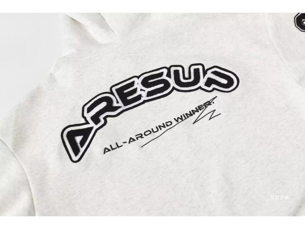 Unisex Guochao Heavyweight AR Embroidery Hoodie with Stand-Up Collar, Velvet Lined, Loose Fit, Autumn/Winter Style.