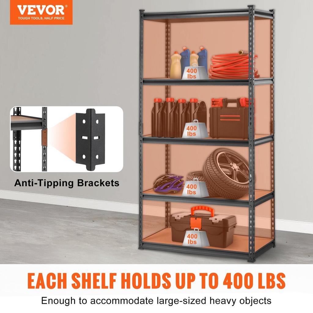Storage Shelving Unit, 5-Tier Adjustable, 2000 lbs Capacity, Heavy Duty Garage Shelves Metal Organizer Utility Rack, Black, 36" L x 18" W x 72" H for