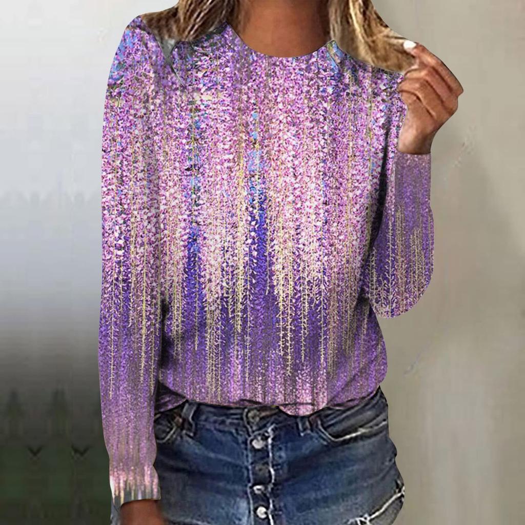 Женская мода повседневный топ с длинным рукавом с градиентным принтом и круглым вырезом