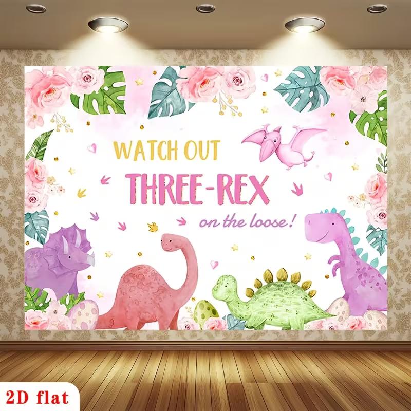 2D "Watch Out Three-Rex" Pink Watercolor Dinosaur 3rd Birthday Backdrop