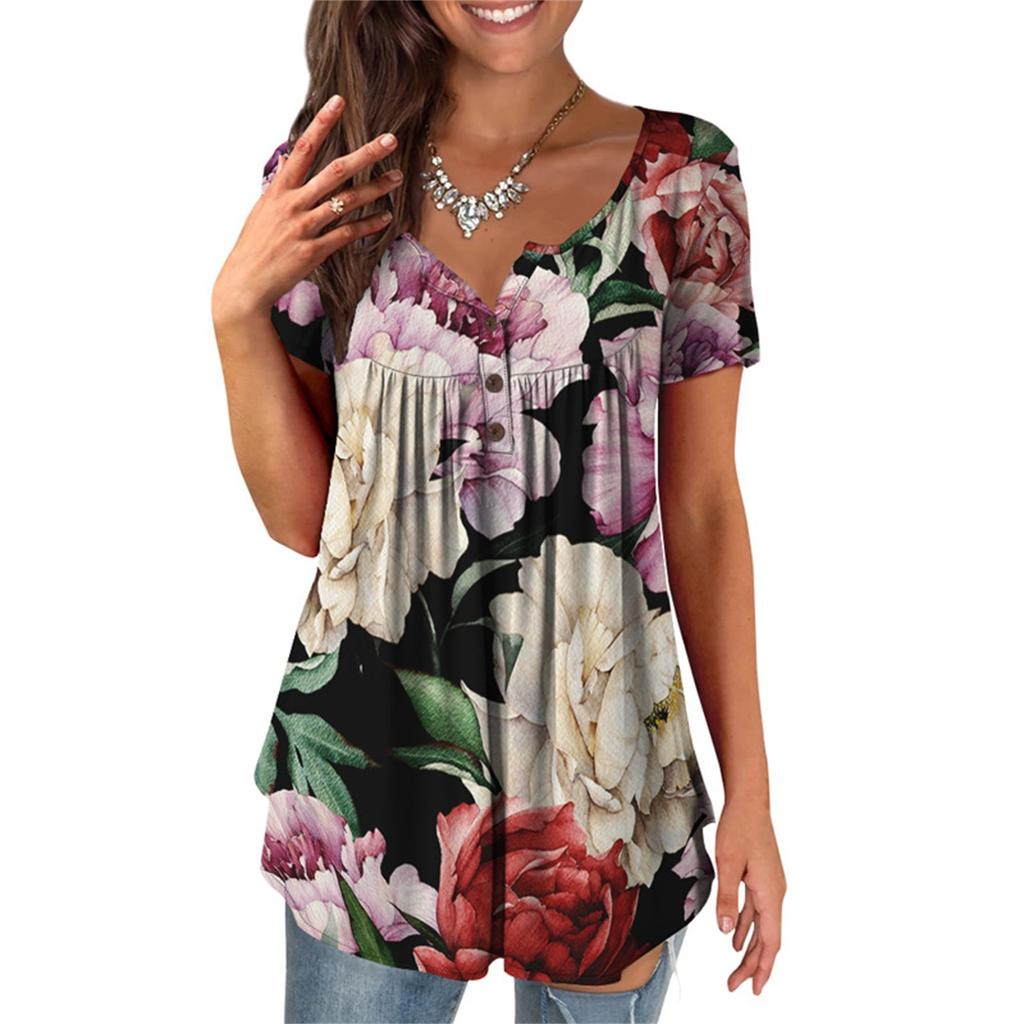 Женская туника с коротким рукавом, свободные топы, повседневные топы больших размеров, плиссированная туника на пуговицах, повседневные летние топы с цветочным принтом для женщин