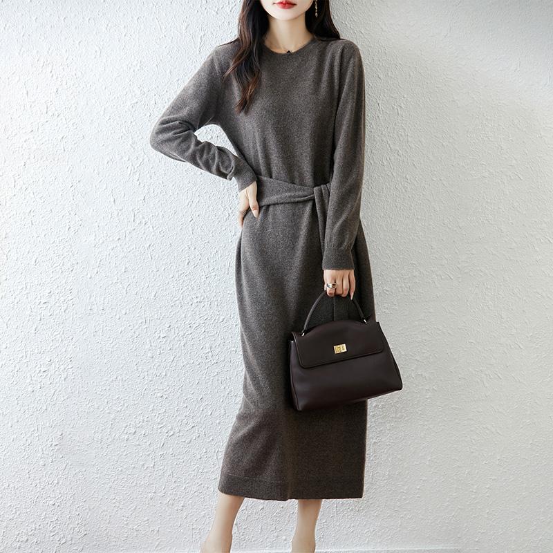 Women Sweater Dress 100% Wool TIDENOVEL O-neck Knit Long Pullover Winter Jumpers Wool Long Dress Female
