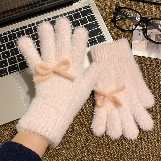 Yousheng Women Fuzzy Thermal Gloves Fluffy Winter Thick Full Finger Gloves with Bows Solid Color Cute Warm Plush Gloves for Girls Cycling Daily
