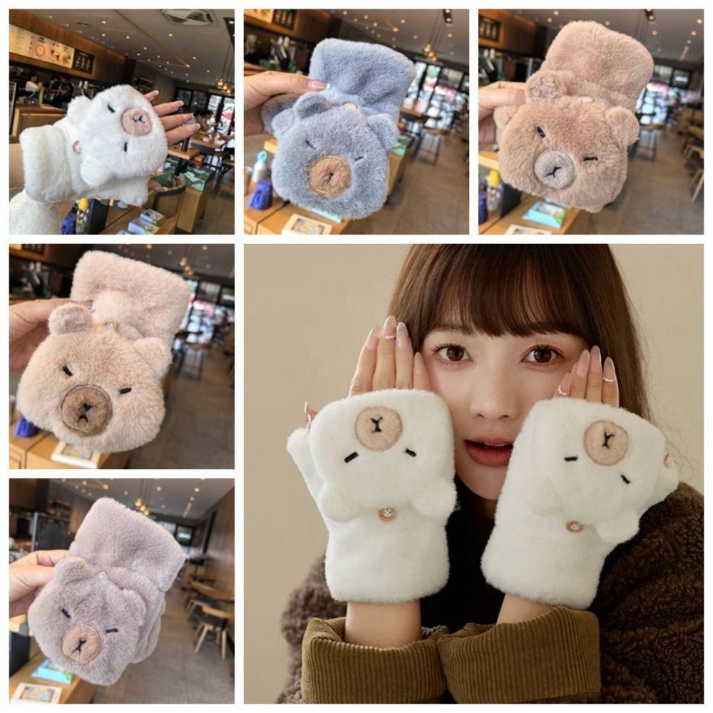 Faux Rabbit Hair Cartoon Anti-cold Mittens Soft Animal Flip Gloves Capybara Plush Mittens Autumn