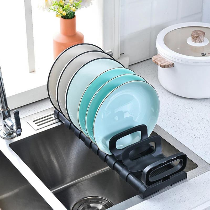 Органайзер для кухонных тарелок Регулируемая полка для хранения тарелок Пластиковые держатели для крышек кастрюль Держатель для сушки посуды Кухонные принадлежности
