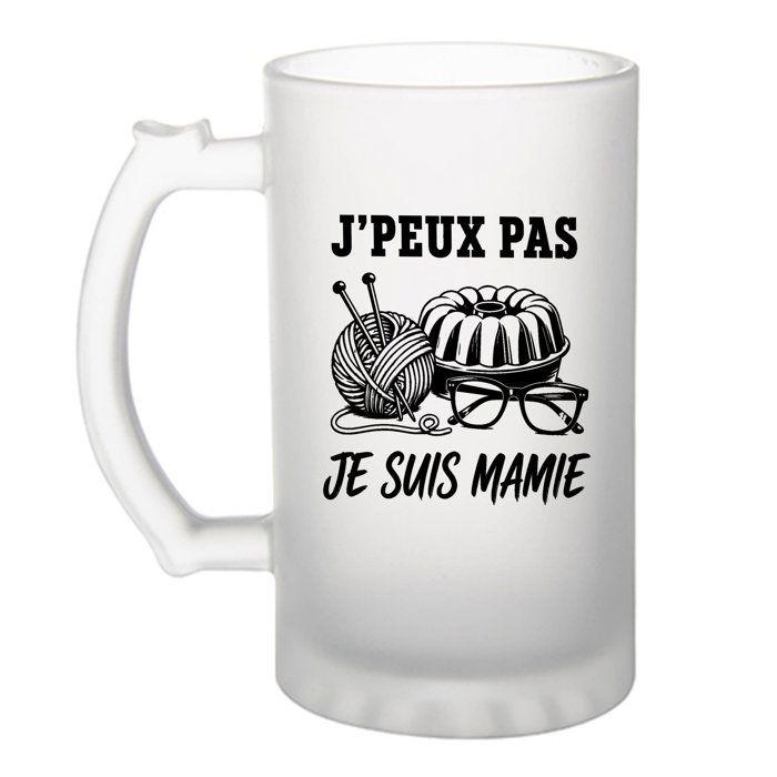 Chope à bière - PLANETEE - J'peux pas je suis Mamie (minimaliste) - Verre trempé givré - 470 ml - Imprimée en Bretagne