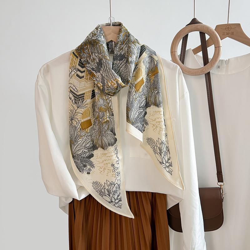 New Parallel Scarf Simulation Silk Scarf Spring and Autumn Women's Thin High-end Plant Flower Printed Scarf