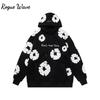 RogueWave Autumn and Winter Black Hooded Flower Print Sweatshirt White Flower Pattern Men's Casual Top