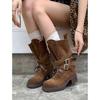 Version~ Retro Knight Boots Women'S Thick Heel Martin Boots Belt Buckle Mid Tube Western Cowboy Boots Locomotive Boots