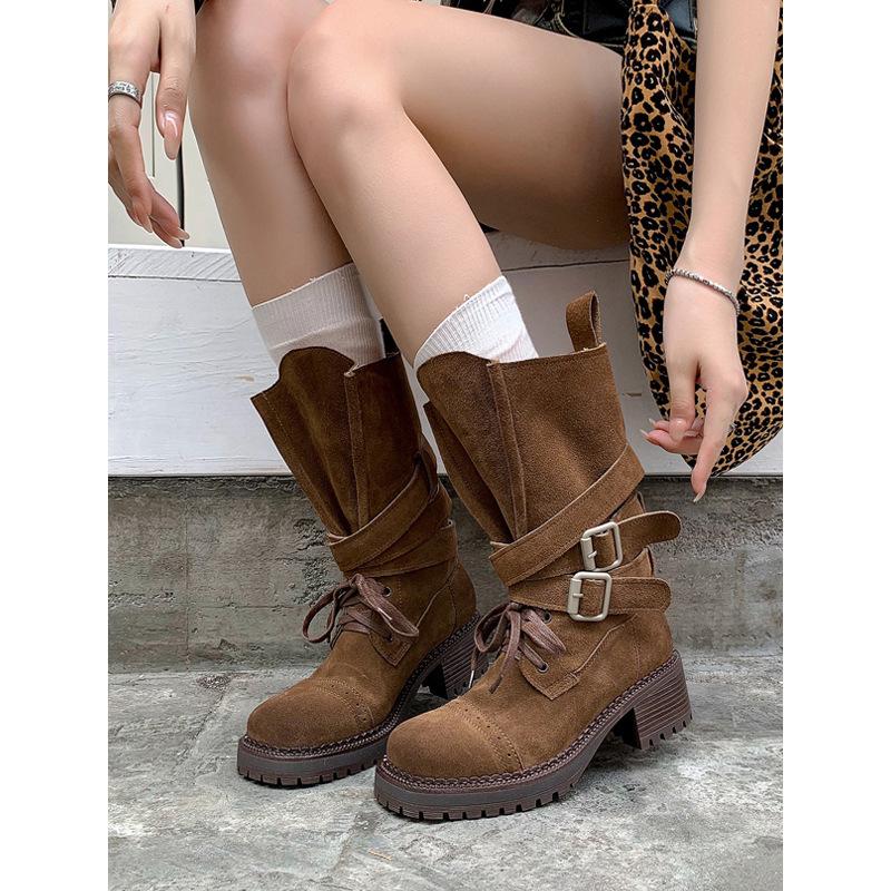 Version~ Retro Knight Boots Women'S Thick Heel Martin Boots Belt Buckle Mid Tube Western Cowboy Boots Locomotive Boots